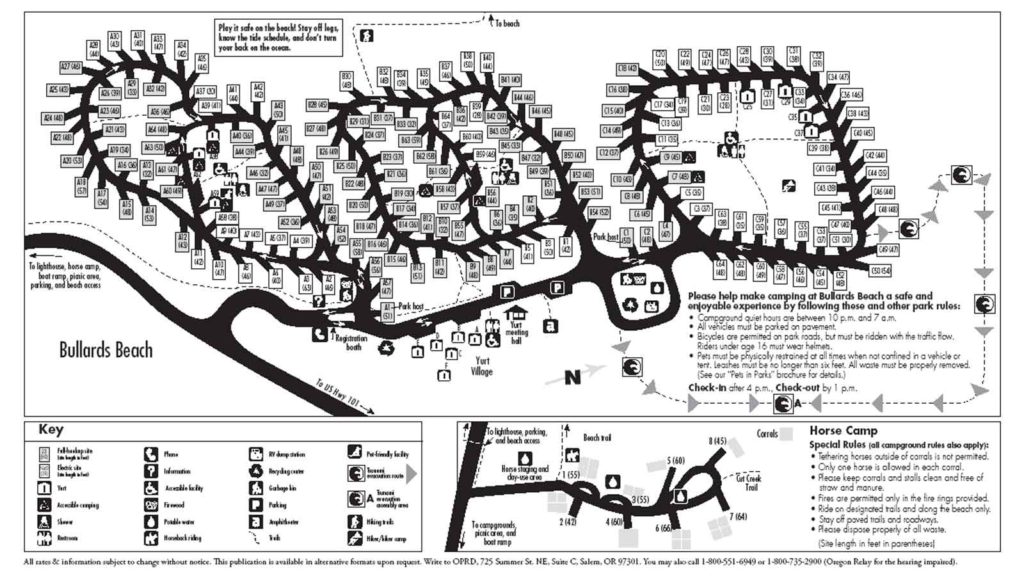 Bullards Beach Campground Map. Numbers in brackets indicate size length. Click for larger size.