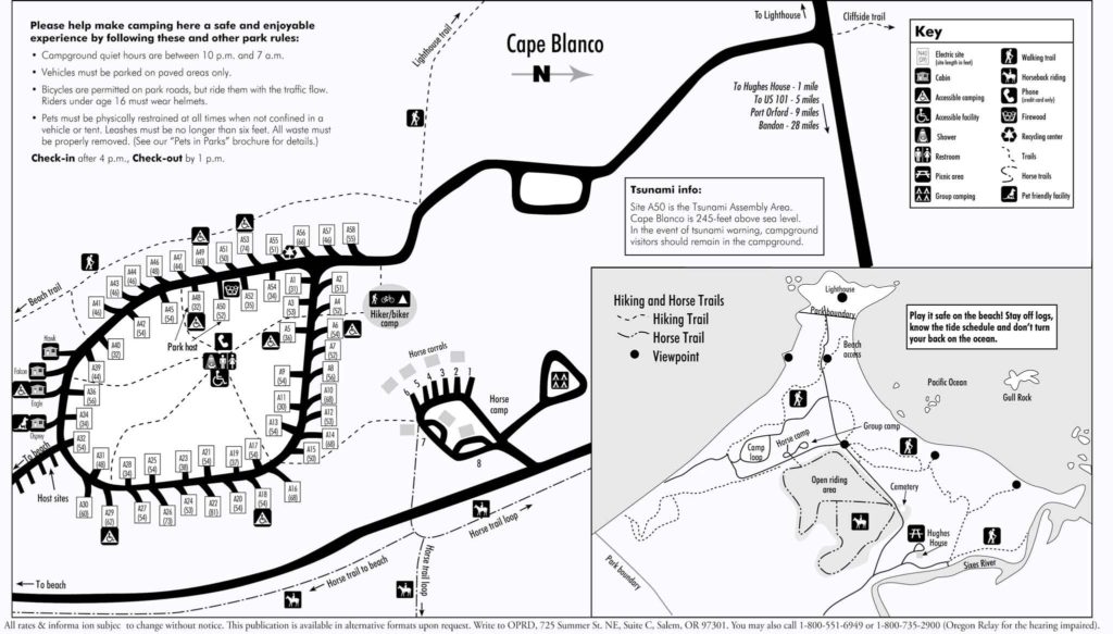 Cape Blanco campground map. The numbers in brackets show site size. Click for larger view.