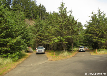 View down non-hookup ring closest to the cliffs. Site #156 on left, #155 on right.
