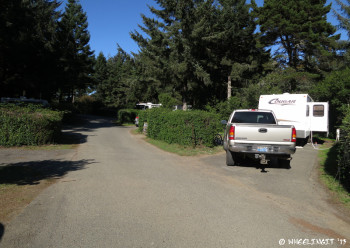 View down more spacious A loop sites. RV in site A31 on right with A33 behind it.