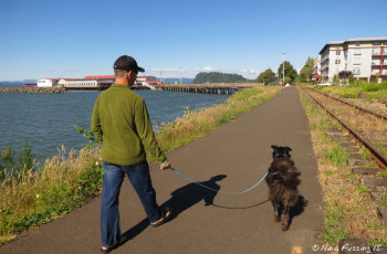 Walking Polly along the riverfront trail right next to our park