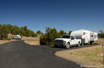 View down first loop. 5th wheel in site #10 on right, with site #9 in background on left.