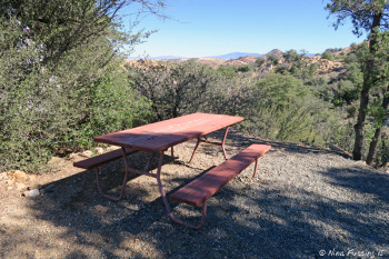 View of typical "sitting area" with picnic table. This is site #12 which has a nice valley view.