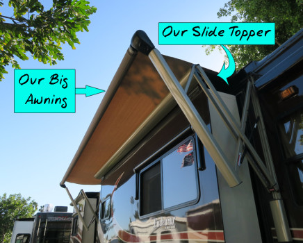 In our rig our big awning goes OVER our slide topper on the front passenger side