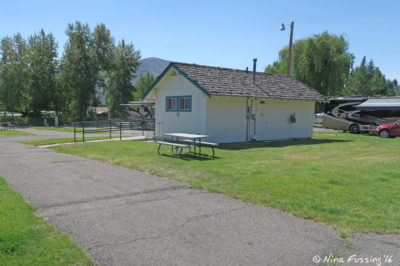 View of central facilities. Empty site on left is #36 and is dry-camping only.