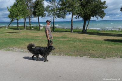 Walking Polly on the campground road by the water.
