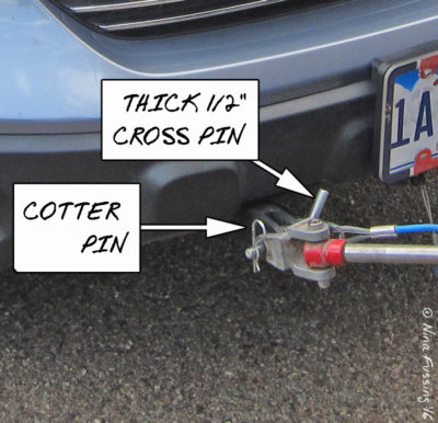 Close-up of where tow bar attaches to the base plate on the car