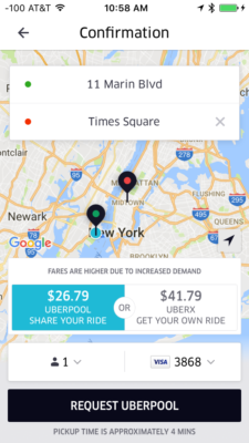 Screen shot of Uber to Times Square