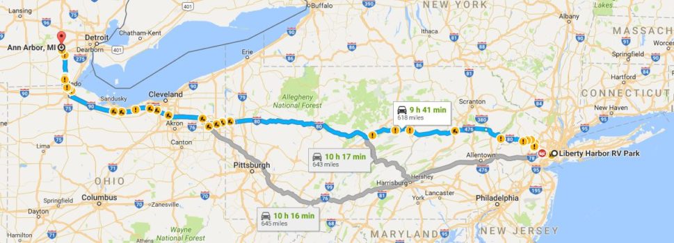 Our Google route East. But are there any tolls? Or low clearances? Google doesn't say!