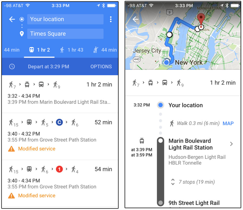 Screen shots from my phone for travel from the RV Park to Times Square