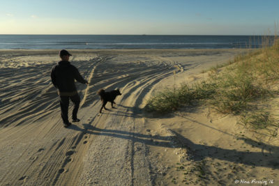 Walking on the beach by camp with Polly. This beach does allow cars.