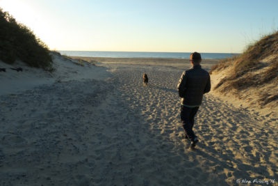 Walking to the beach by camp with Polly in the AM