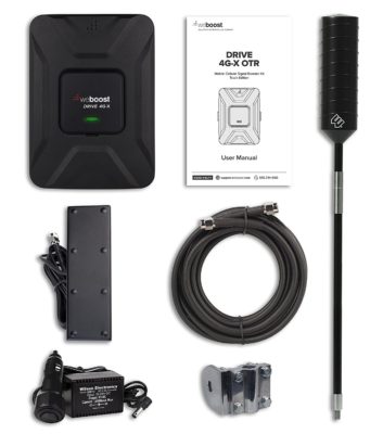 The Wilson OTR Kit components (Booster, External Antenna, Internal Antenna, Cable, Mount & Power Adaptor)